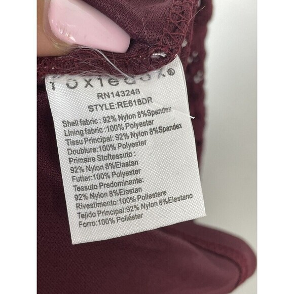 FOXIEDOX Burgundy Wine Lace Keyhole Back Stretch Ruffle Dress Women's Size S NEW - Picture 9 of 11